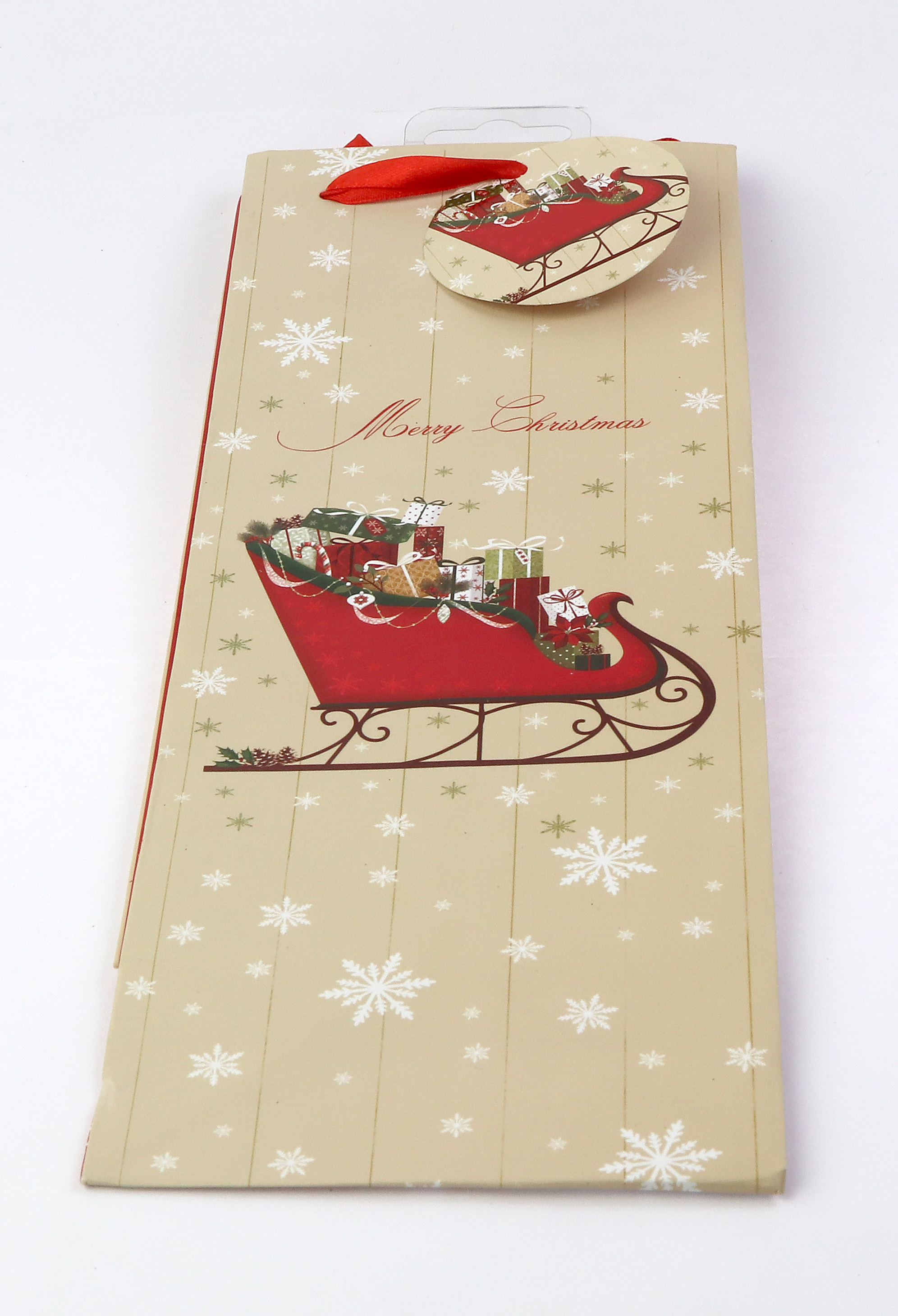 Punga cadou - Merry Christmas Sleigh with Presents, bottle bag 12x35cm | Gifts and Craft
