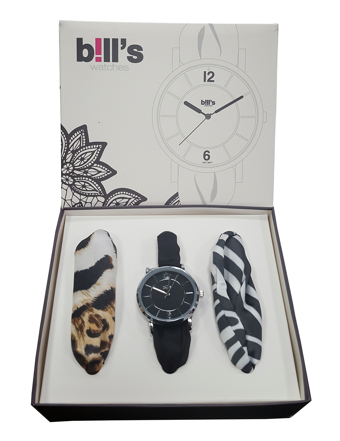 Set ceas cu 3 esarfe - Trend - Noir / Animals | Bill\'s Watches