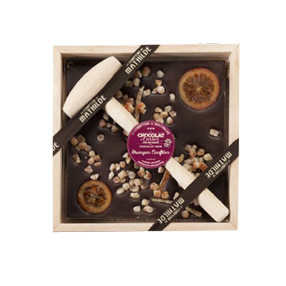 Ciocolata neagra in cutie de lemn Comptoir de Mathilde cu portocale confiate | Comptoir de Mathilde