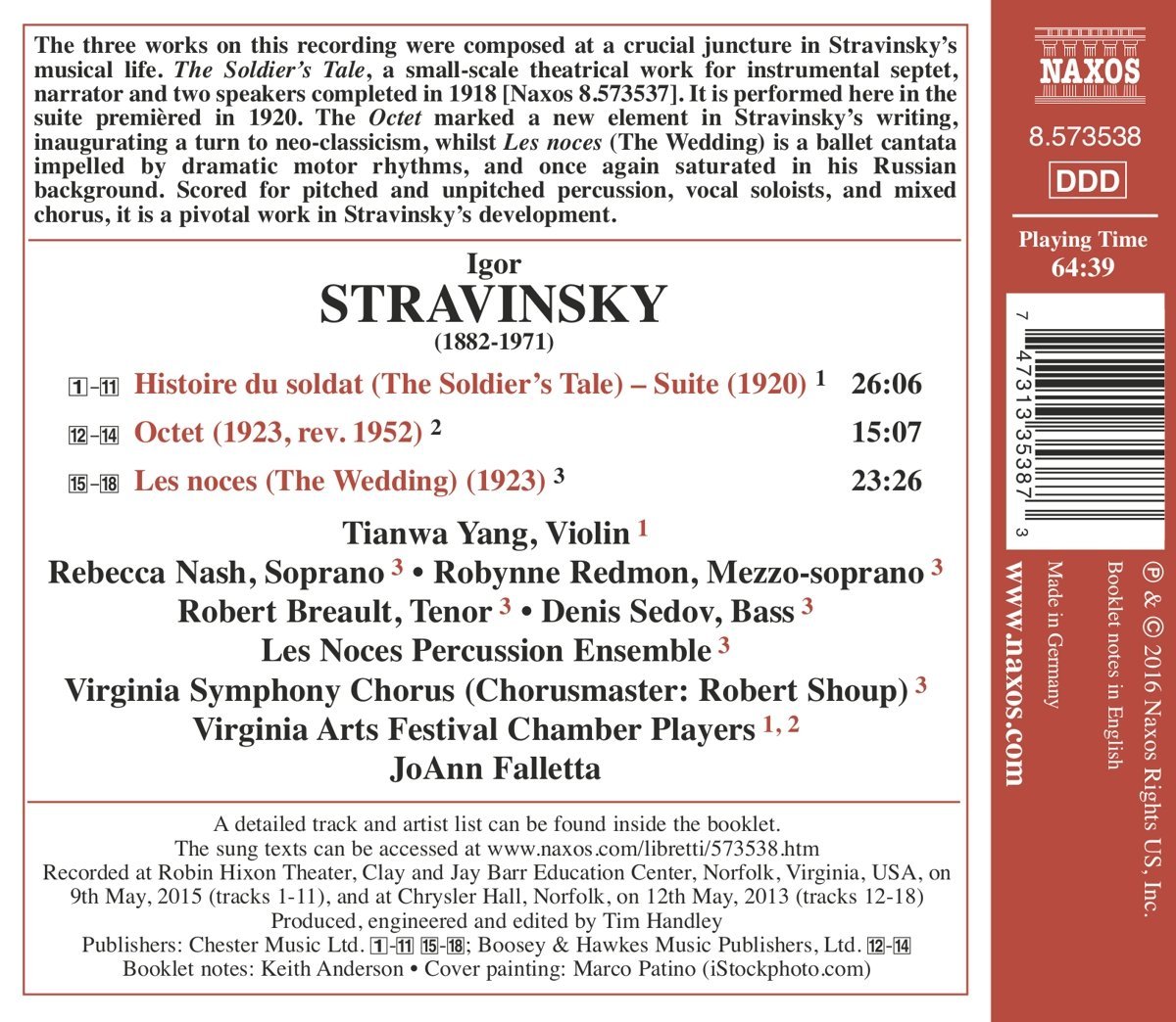Stravinsky: Soldier\'s Tale | Tianwa Yang, Rebecca Nash, Robynne Redmon, Robert Breault, Denis Sedov, Virginia Symphony Chorus, Virginia Arts Festival Players