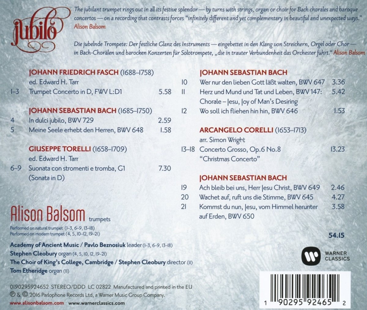 Jubilo | Alison Balsom, The Academy Of Ancient Music, Pavlo Beznosiuk, Choir of Kings College Cambridge / Stephen Cleobury - 1 | YEO