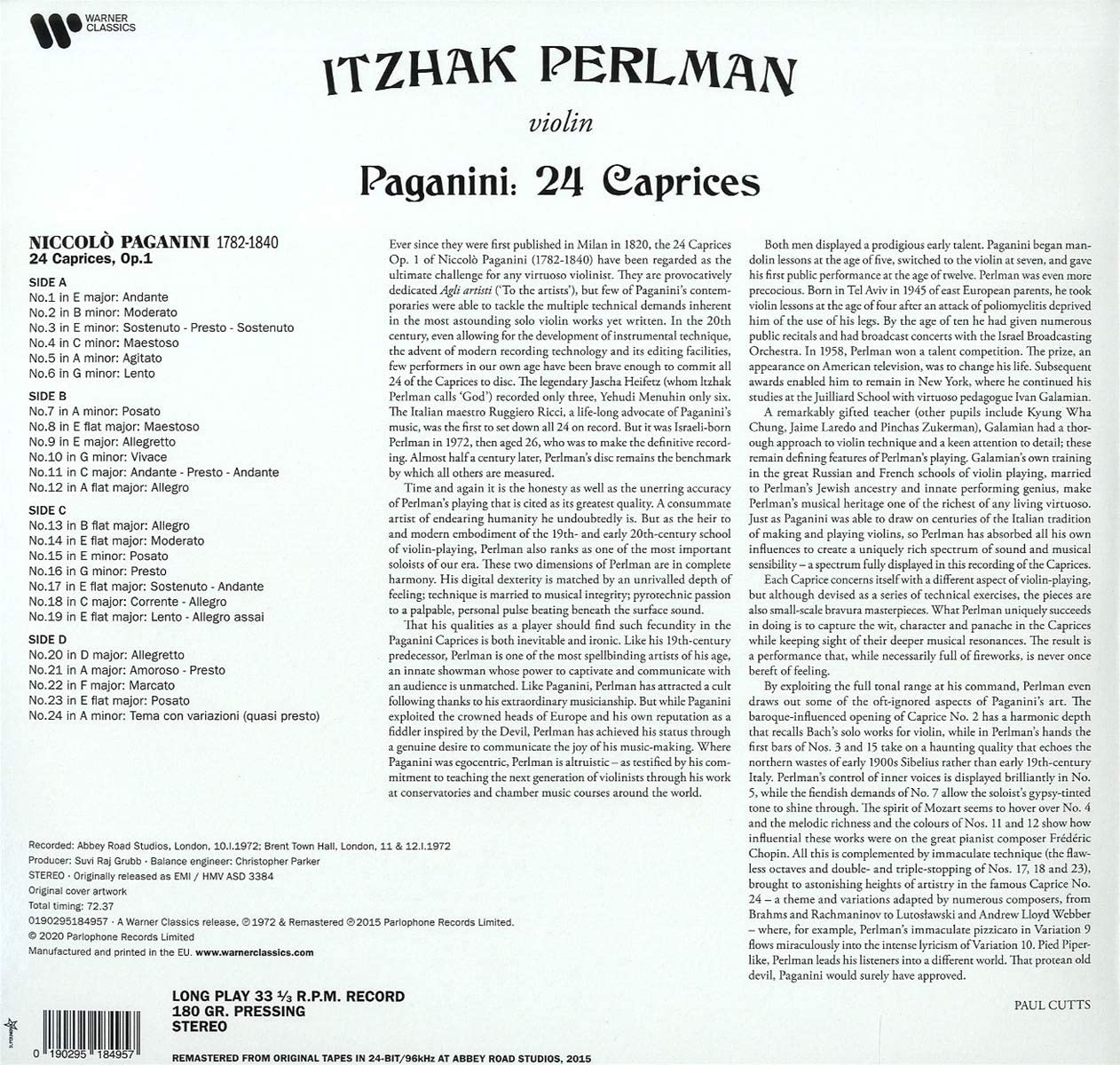 Paganini - 24 Caprices - Vinyl | Niccolo Paganini, Itzhak Perlman