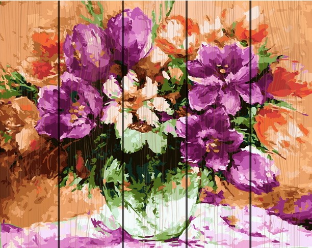 Set pictura cu numere pe lemn - Flowers, 40x50 cm | Acuarello