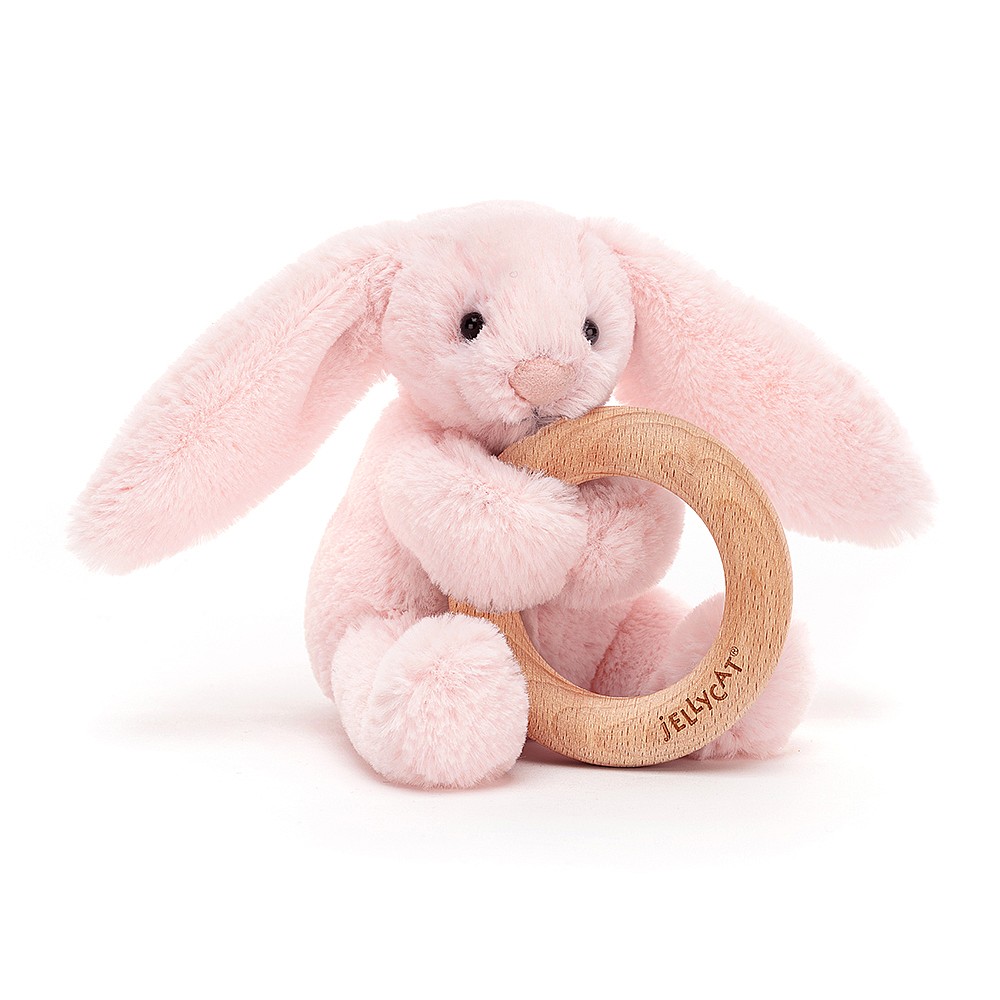 Jucarie - Bashful Pink Bunny Wooden Ring, 13 cm