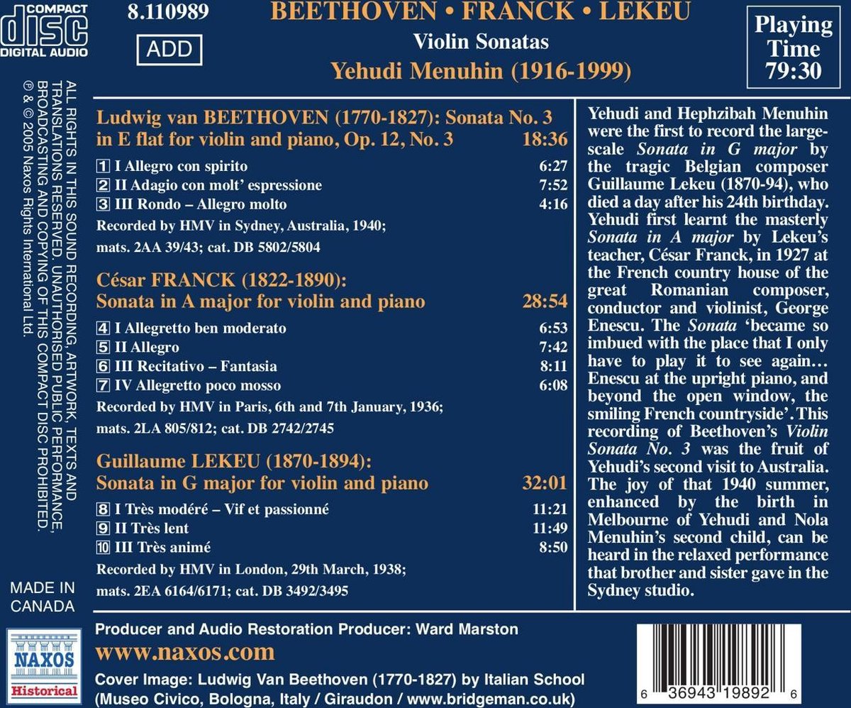 Beethoven. Franck. Lekeu: Violin Sonatas | Ludwig Van Beethoven, Yehudi Menuhin, Guillaume Lekeu