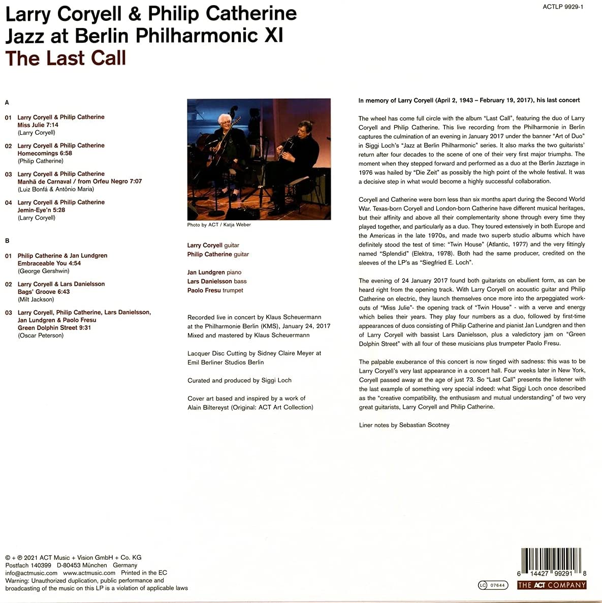 Jazz at Berlin Philharmonic XI: The Last Call - Vinyl | Larry Coryell, Philip Catherine