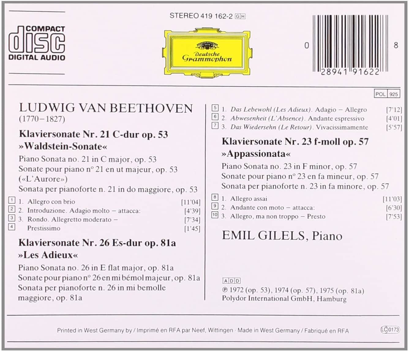 Beethoven: Sonatas, Waldstein, Les Adieux & Appassionata | Ludwig Van Beethoven, Emil Gilels