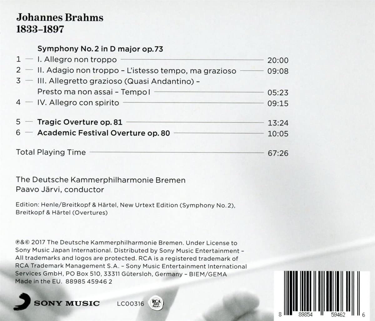 Brahms: Symphony No. 2, Tragic Overture & Academic Festival Overture | Johannes Brahms, Deutsche Kammerphilharmonie Bremen, Jarvi Paavo