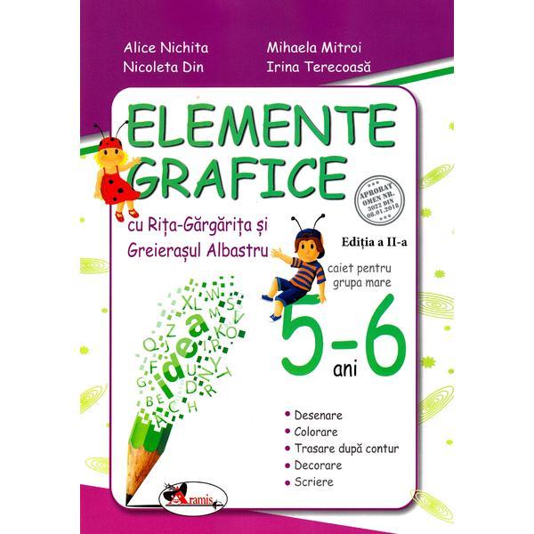 Elemente grafice cu Rita-Gargarita si Greierasul Albastru, 5-6 ani | Alice Nichita, Mihaela Mitroi Aramis 2022