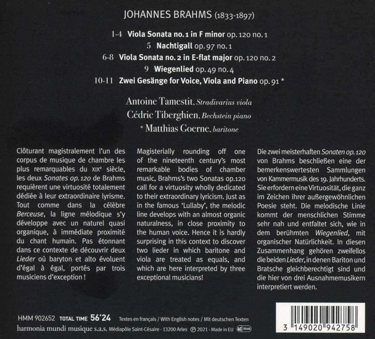 Johannes Brahms: Sonatas, Op. 120 / Zwei Gesange, Op. 91/Wiegenlied | Antoine Tamestit, Cedric Tiberghien, Mathias Goerne