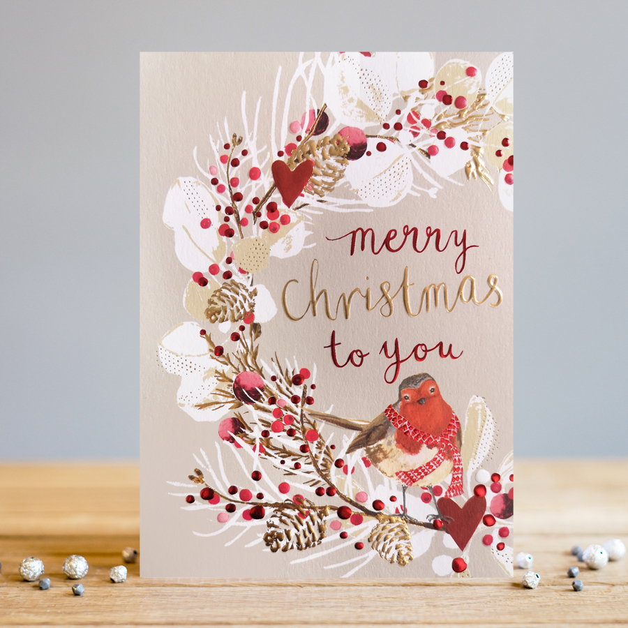 Felicitare - Merry Christmas Wreath & Robbin | Louise Tiler Designs