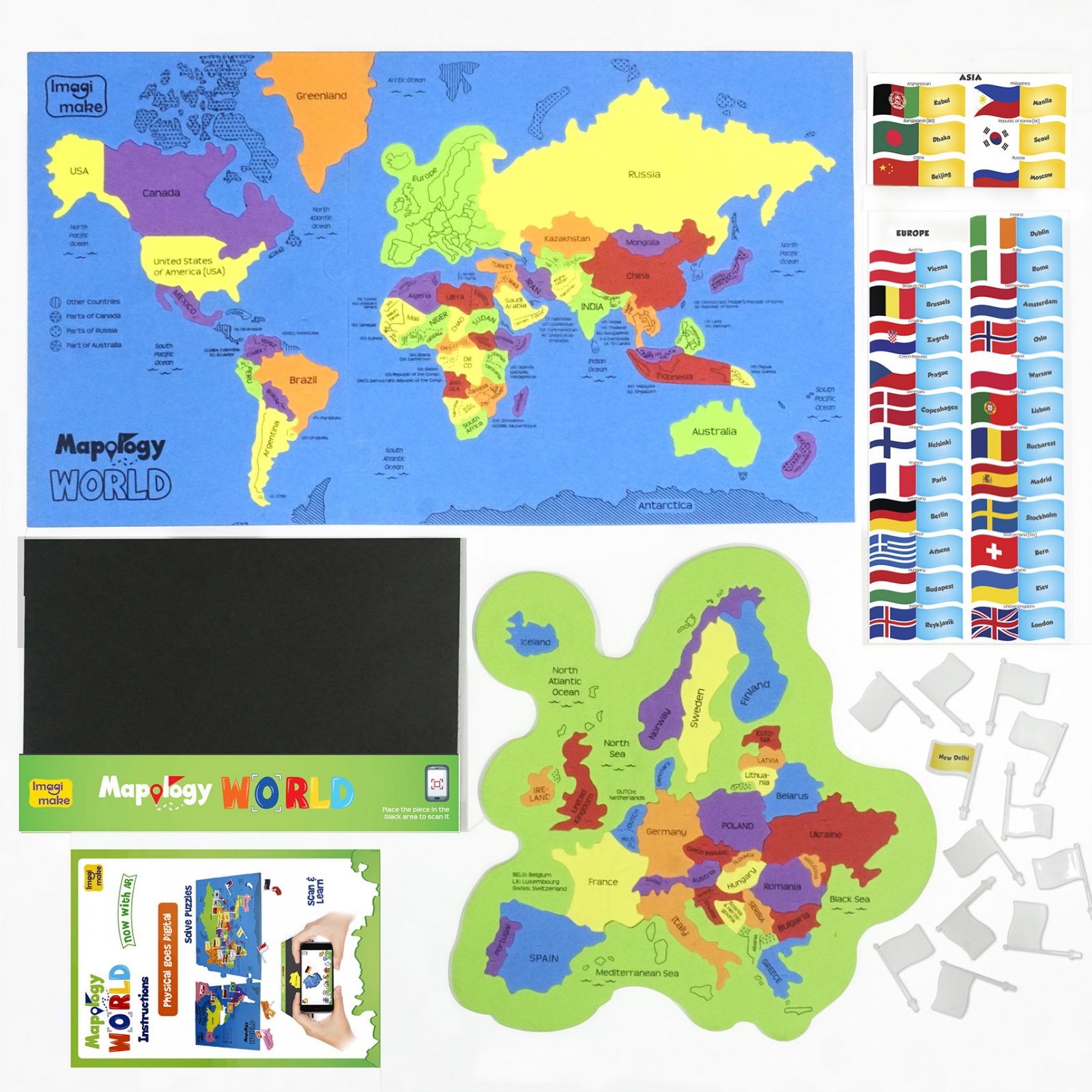 Puzzle realitate augmentata - Harta Lumii cu Steaguri si Capitale | ImagiMake