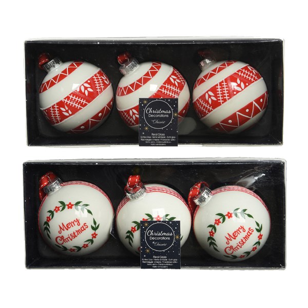 Set 3 globuri - Glass Holly Text - Merry Christmas - Red-White - mai multe modele | Kaemingk