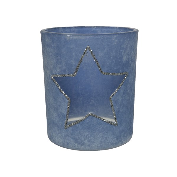 Suport lumanare - Glass Snowy Hollowed - Star with Gold Rim - Blue | Kaemingk