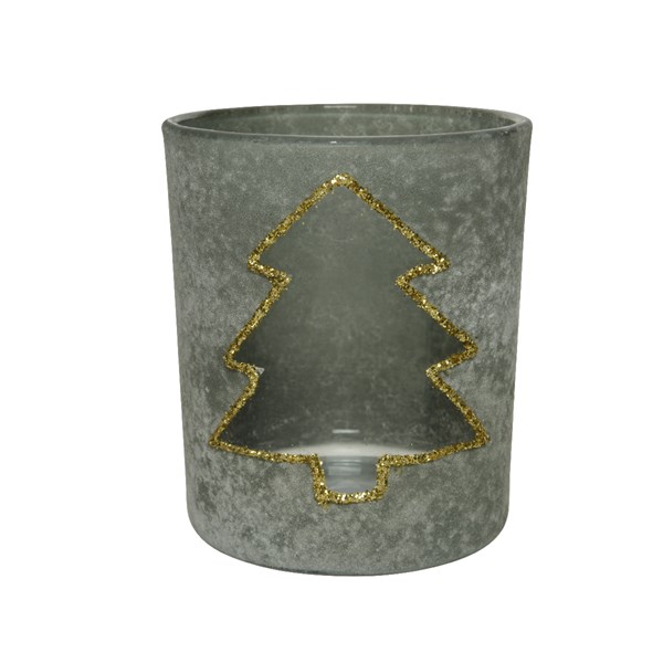 Suport lumanare - Glass Snowy Hollowed - Tree with Gold Rim - Grey | Kaemingk