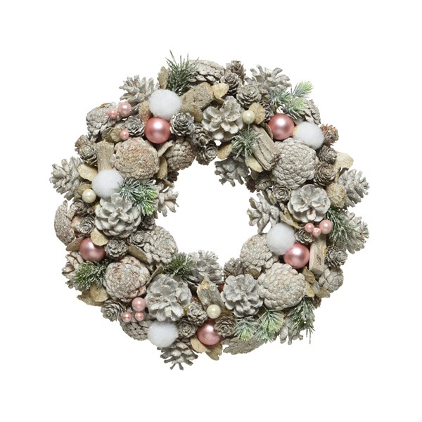 Decoratiune - Wreath Pinecone White Wash - Glitter Pearls, Pink Baubles, Cottonballs | Kaemingk