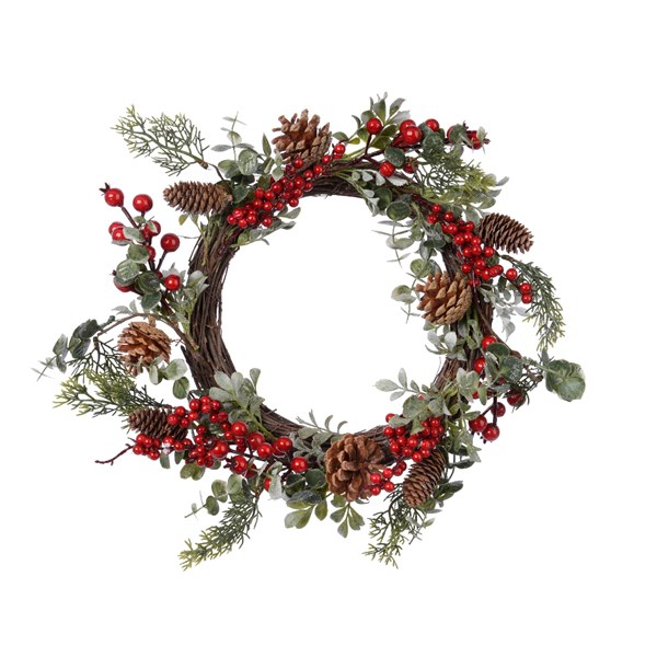 Decoratiune - Wreath Plastic Berries, Pinecones - Green-Red | Kaemingk