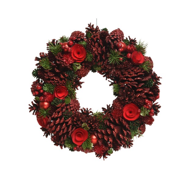 Decoratiune - Wreath Pnecone Berries, Baubles, Wooden Flowers, Glitter - Red | Kaemingk
