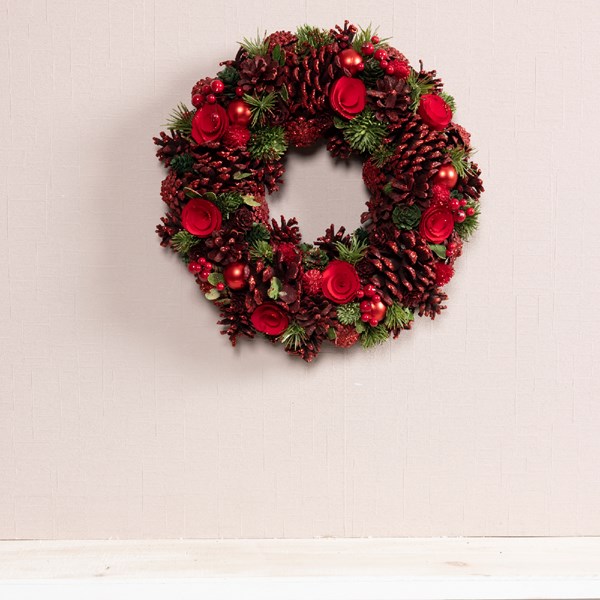 Decoratiune - Wreath Pnecone Berries, Baubles, Wooden Flowers, Glitter - Red | Kaemingk - 1 | YEO