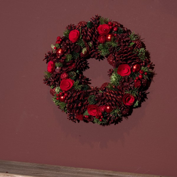 Decoratiune - Wreath Pnecone Berries, Baubles, Wooden Flowers, Glitter - Red | Kaemingk - 2 | YEO