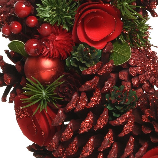 Decoratiune - Wreath Pnecone Berries, Baubles, Wooden Flowers, Glitter - Red | Kaemingk - 4 | YEO