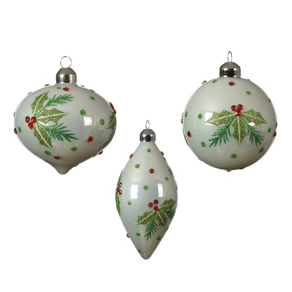 Set 3 globuri - Glass Holly Decal - Diamond | Kaemingk - 1 | YEO