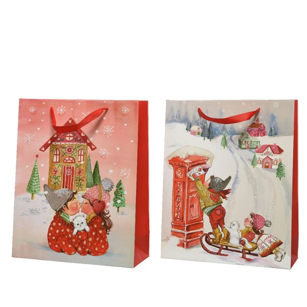 Punga cadou - Giftbag Paper Rectangular White-Iridescent Glitter Boy & Girl Design - mai multe modele | Kaemingk