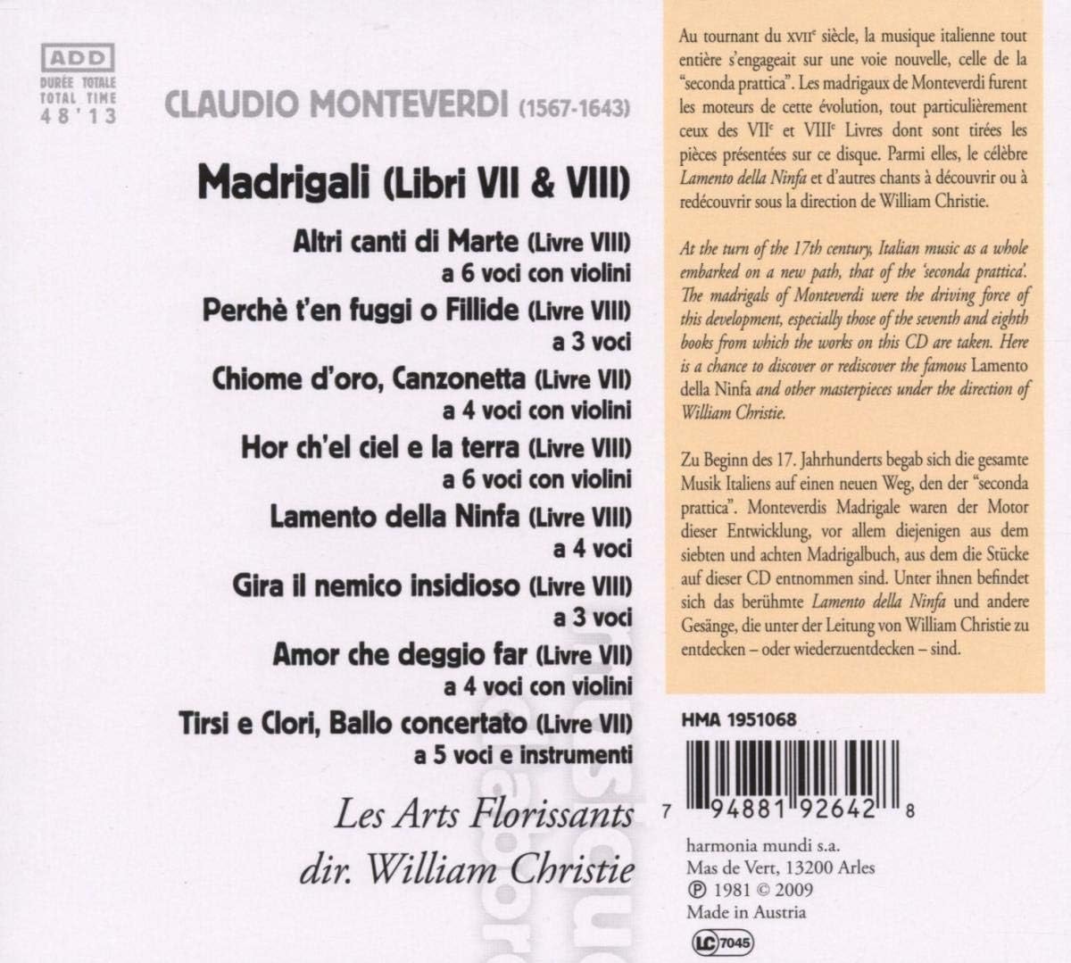 Monteverdi: Lamento Della Ninfa / Altri Canti Di Marte / Libri VII & VIII | Les Arts Florissants, William Christie