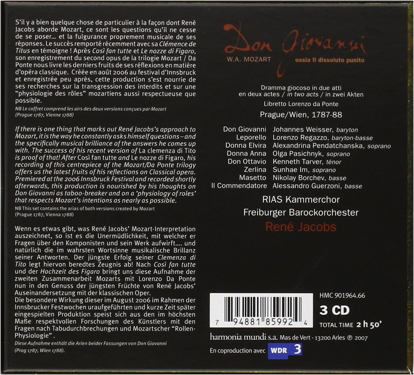 Mozart: Don Giovanni | Rene Jacobs, Johannes Weisser, Lorenzo Regazzo, Alexandrina Pendatchanska, Olga Pasichnyk, Kenneth Tarver, RIAS-Kammerchor, Freiburger Barockorchester