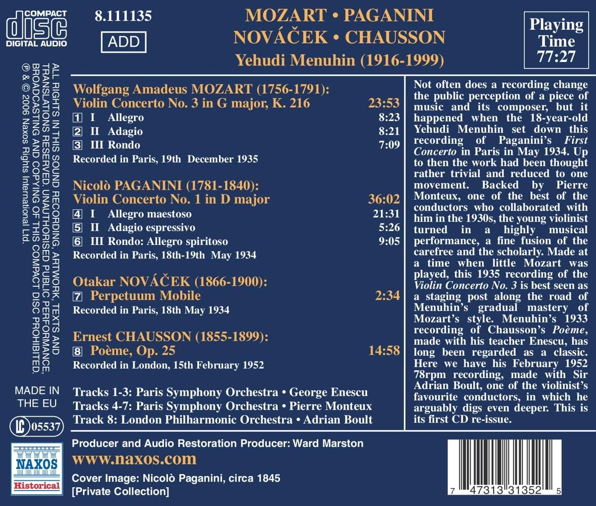 Great Violinist: Menuhin | Wolfgang Amadeus Mozart / Paganini, Nicolo