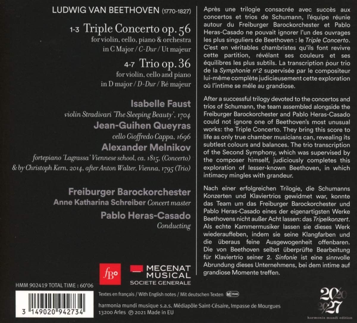 Beethoven: Triple Concerto / Piano Trio op. 36 | Isabelle Faust, Jean-Guihen Queyras, Alexander Melnikov, Pablo Heras-Casado, Freiburger Barockorchester