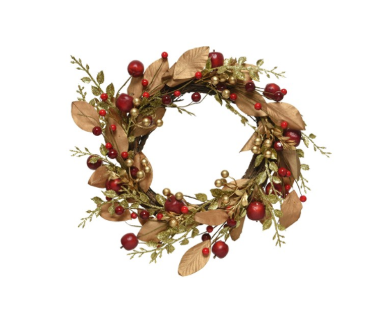 Decoratiune - Wreath Paper Leaves - Red-Gold Berries-Apples | Kaemingk