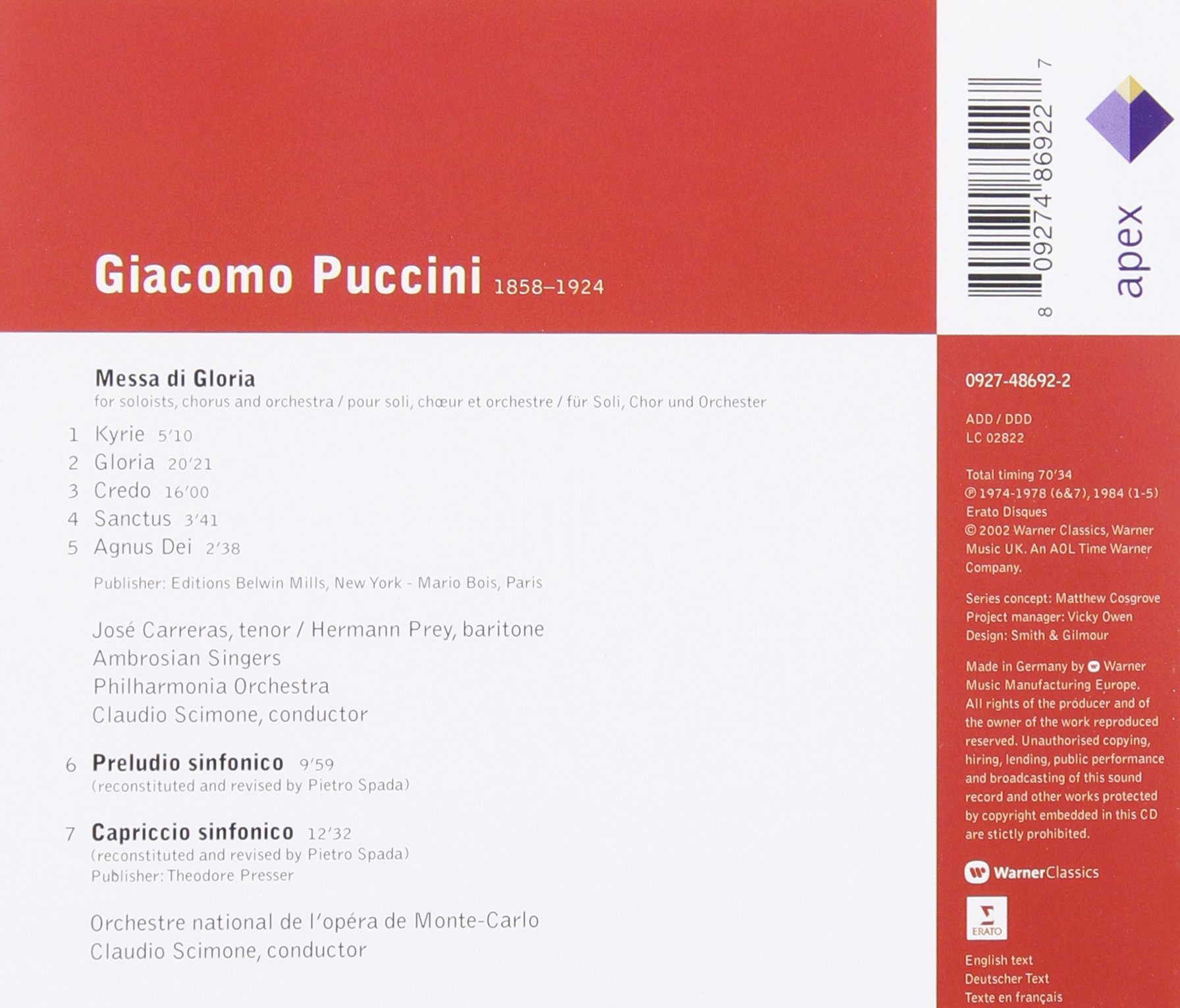 Puccini: Messa di Gloria | Giacomo Puccini, Jose Carreras, Hermann Prey