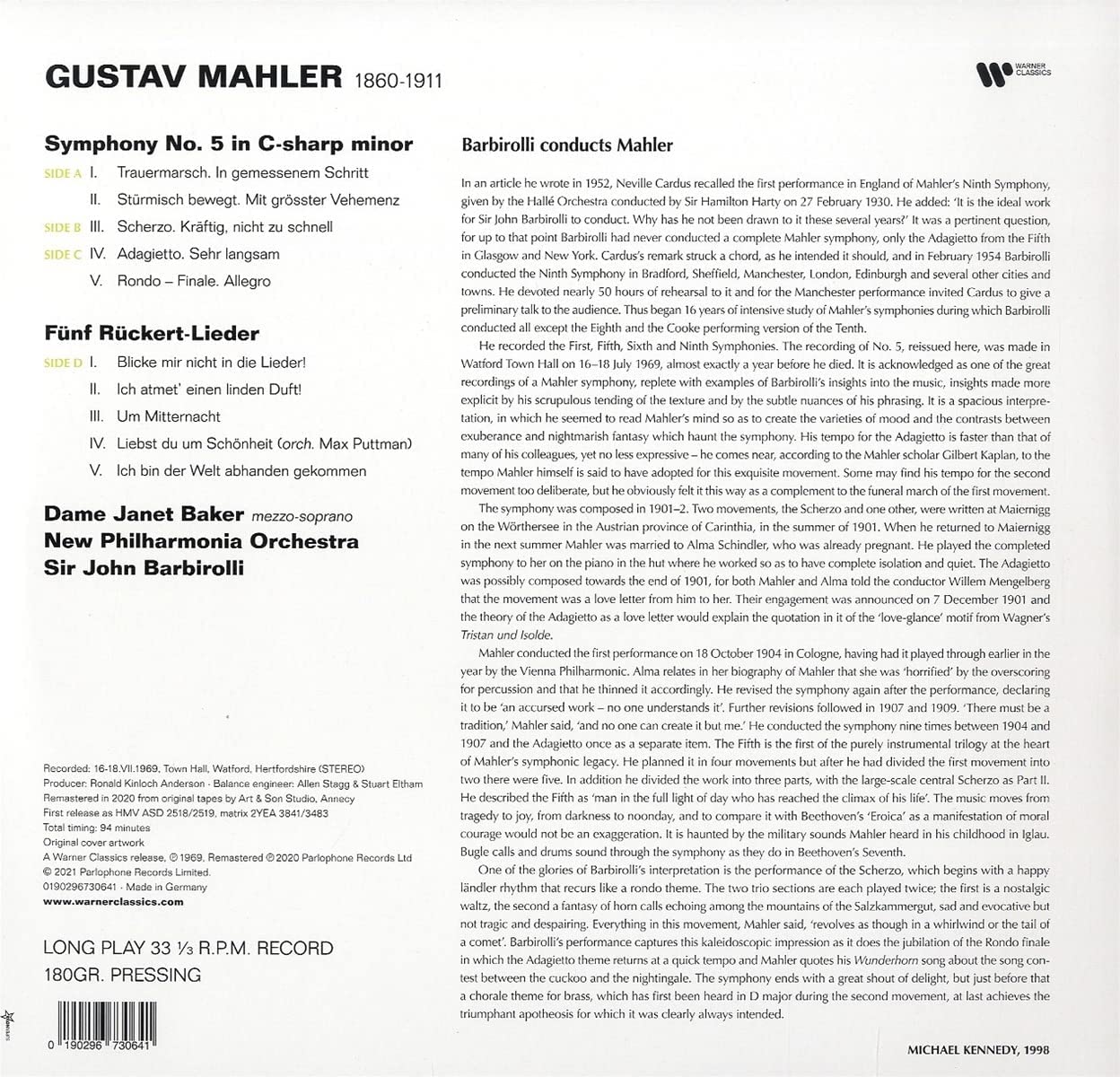 Mahler: Symphony No 5; Funf Ruckert-Lieder - Vinyl | John Barbirolli, Janet Baker, New Philharmonia Orchestra