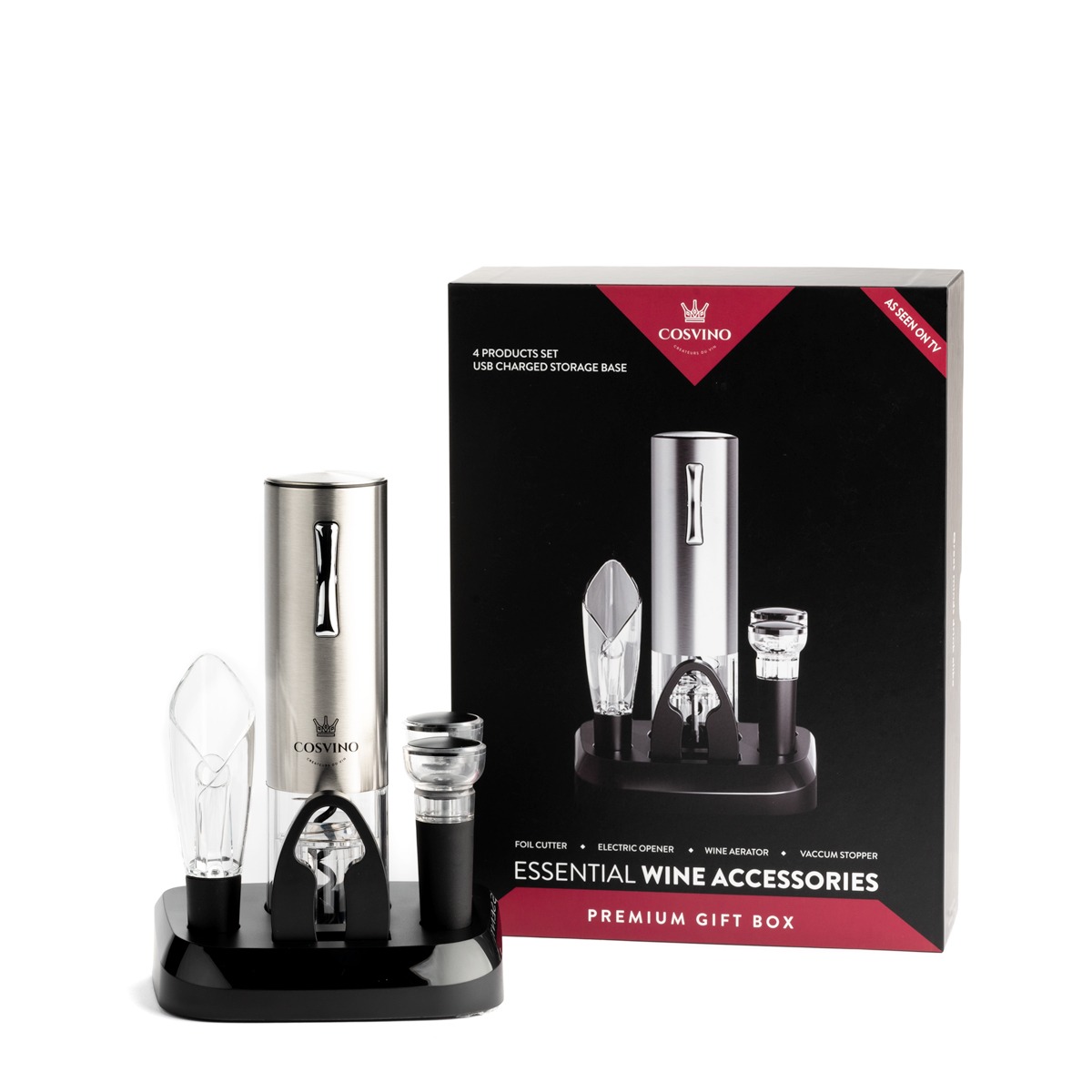 Set premium accesorii vin cu tirbuson electric si baza reincarcabila - Cosvino | Cosvino