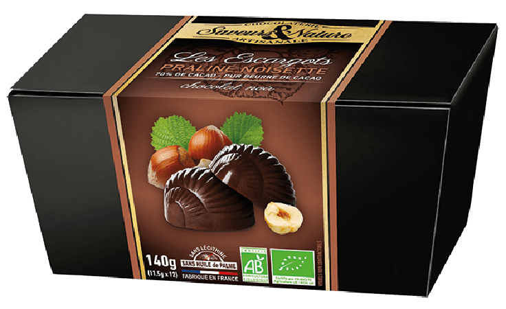 Bomboane escargot ciocolata neagra cu alune de padure - BIO
