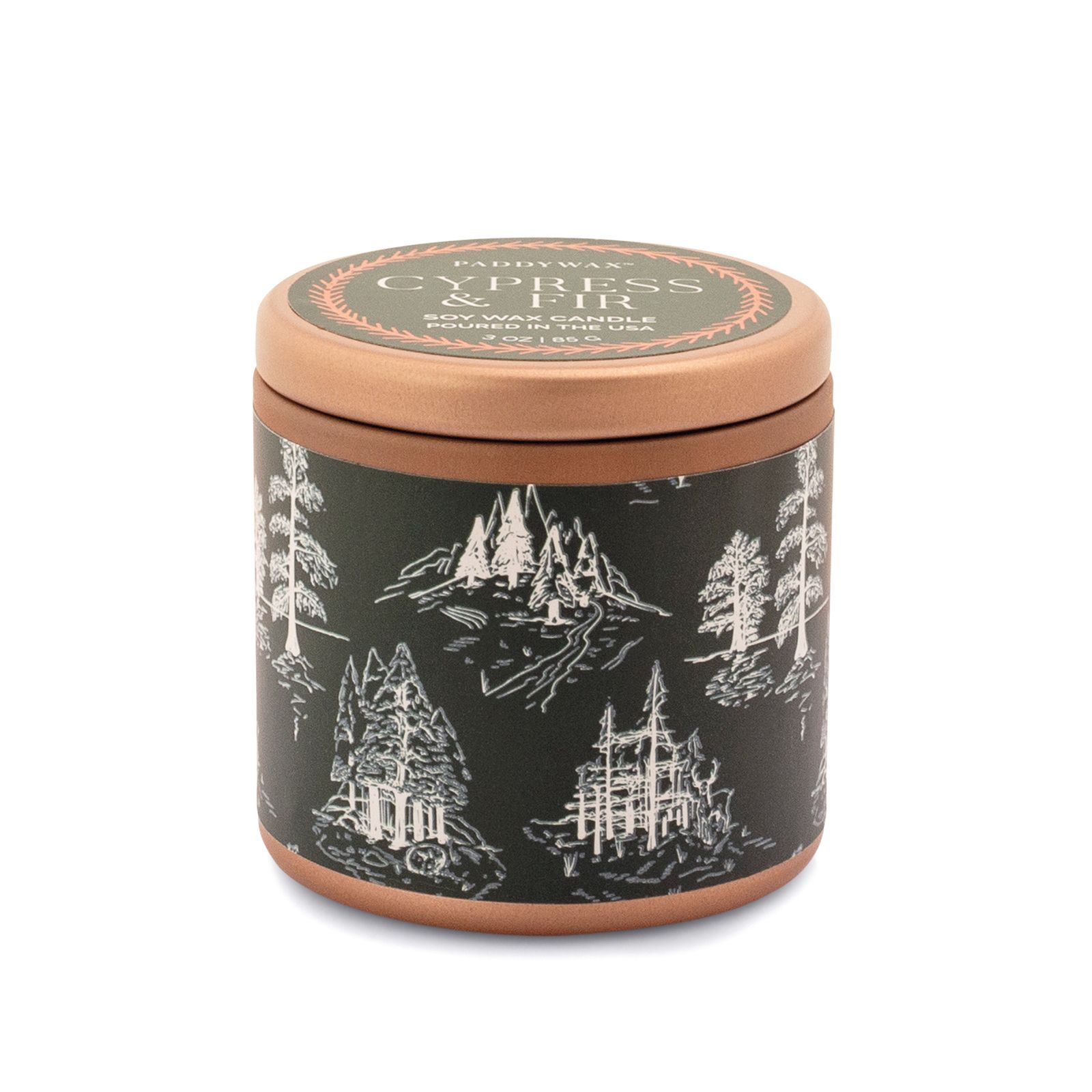Lumanare - Cypress Fir Holiday - Copper Tin and Green Label with White Toile Pattern, 85g
