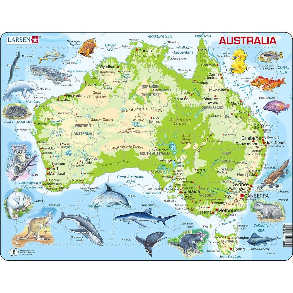 Puzzle 65 piese - Maxi - Harta Australiei cu Animale | Larsen