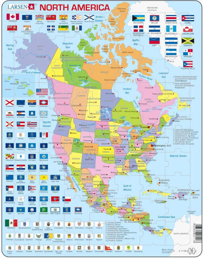 Puzzle 70 piese - Maxi - Harta Politica a Americii de Nord | Larsen