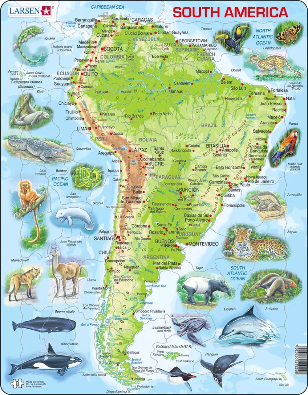 Puzzle 65 piese - Maxi - South America Topographic Map | Larsen