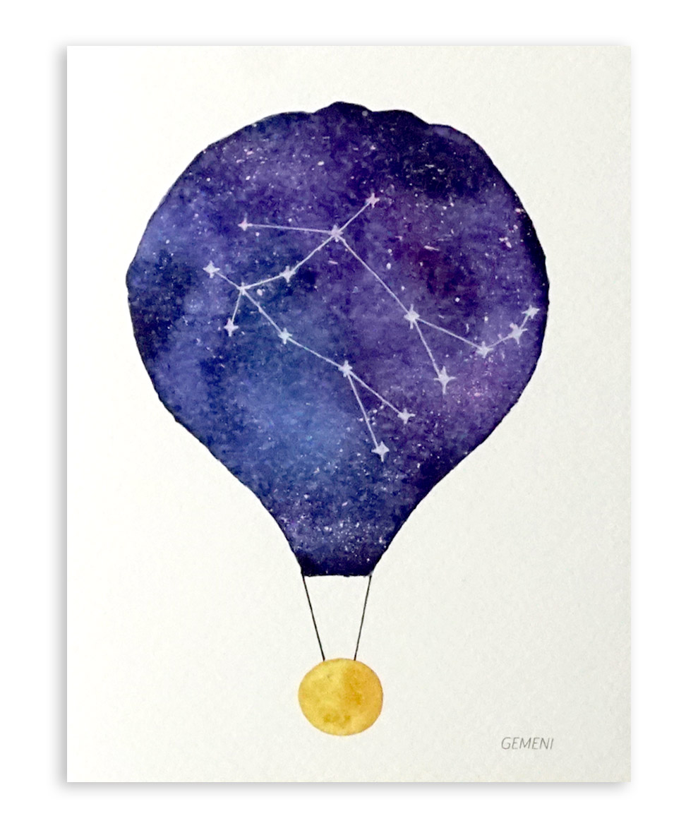 Felicitare - Constelatie Gemeni - Balon cu aer cald | Ana-Maria Galeteanu Ilustrator