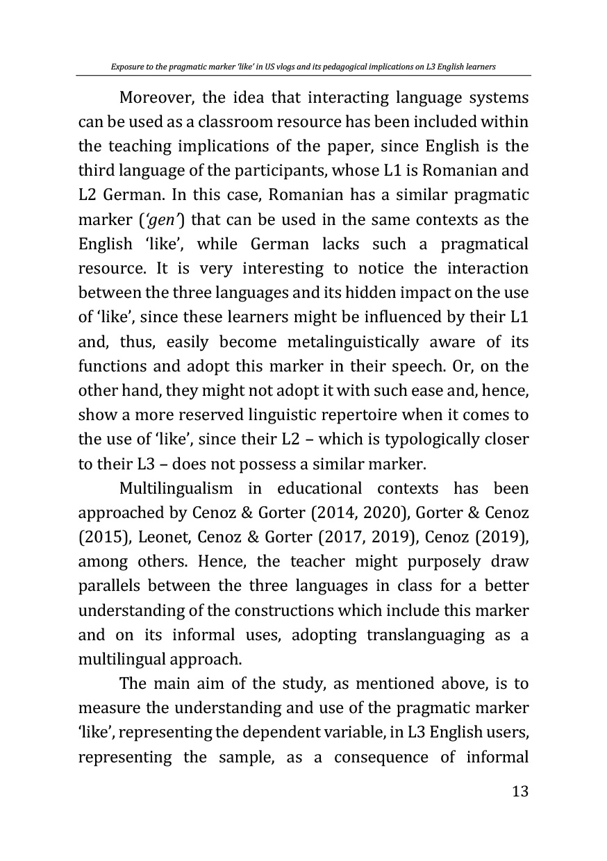 Exposure to the pragmatic marker ‘like’ in US vlogs and its pedagogical implications on L3 English | Anda Lucia Ciltan, Victor-Emanuel Ciuciuc - 2 | YEO