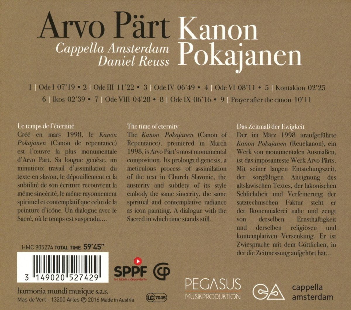 Arvo Part: Kanon Pokajanen | Cappella Amsterdam, Arvo Part, Daniel Reuss - 1 | YEO