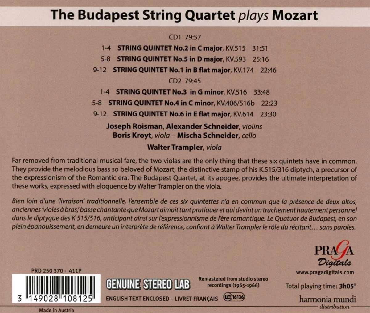 Mozart: The String Quintets | Budapest String Quartet, Wolfgang Amadeus Mozart - 1 | YEO