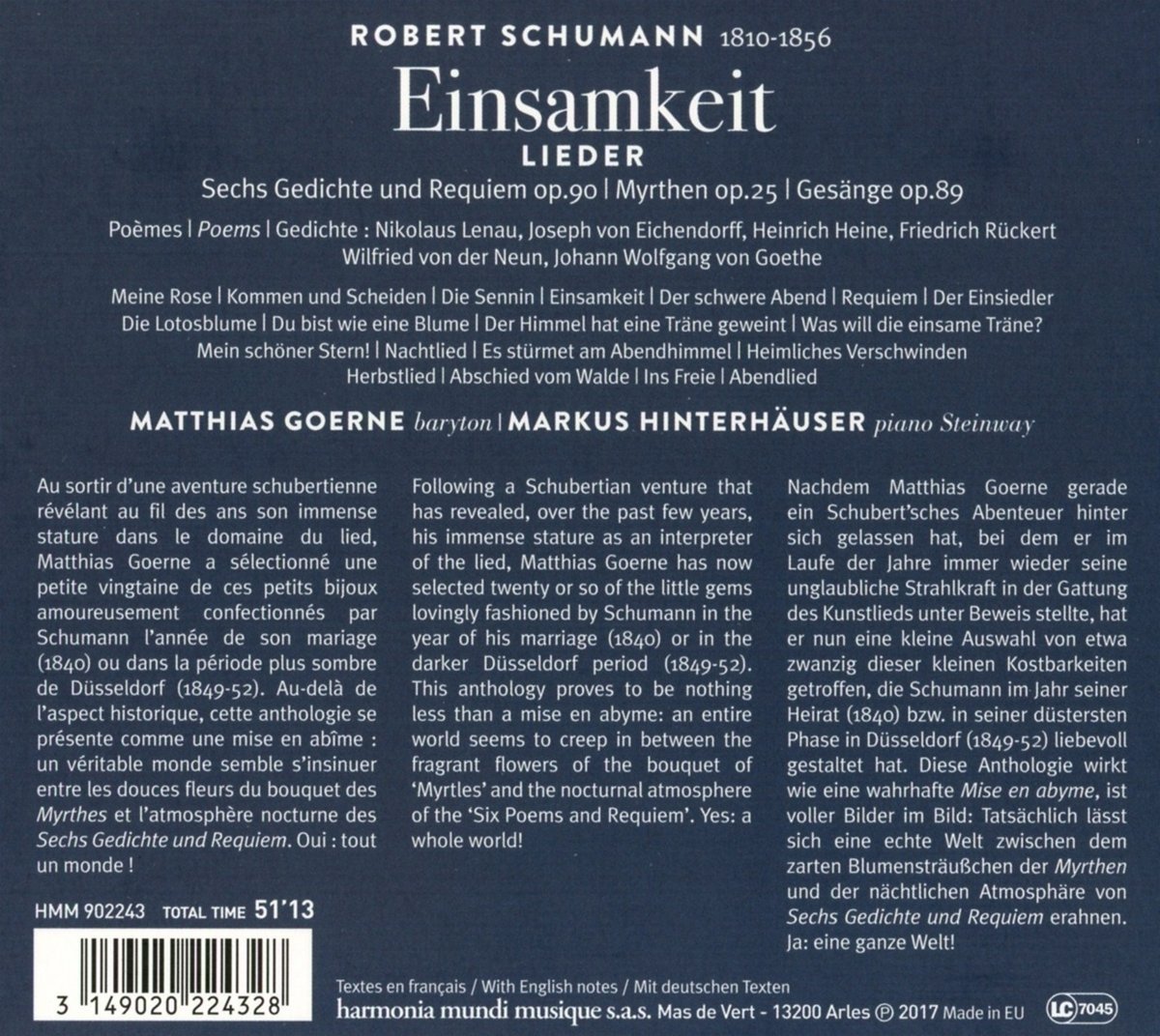 Schumann: Einsamkeit, Lieder | Matthias Goerne, Markus Hinterhauser, Robert Schumann - 1 | YEO