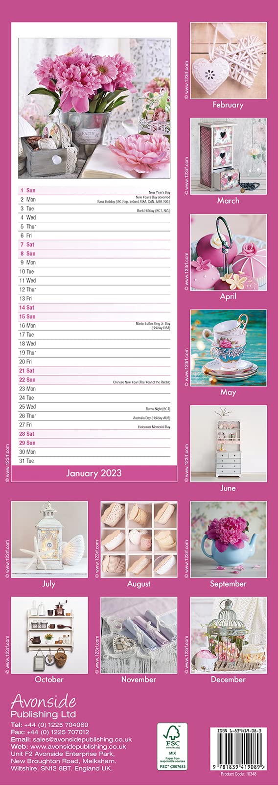 Calendar de perete 2023 - Slim - Shabby Chic | Avonside Publishing Ltd