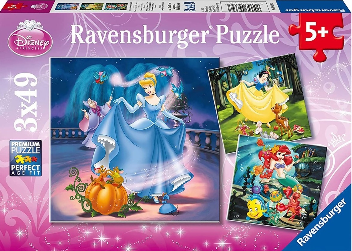 Puzzle 3x49 de piese - Alba Ca Zapada, Cenusareasa si Ariel | Ravensburger image