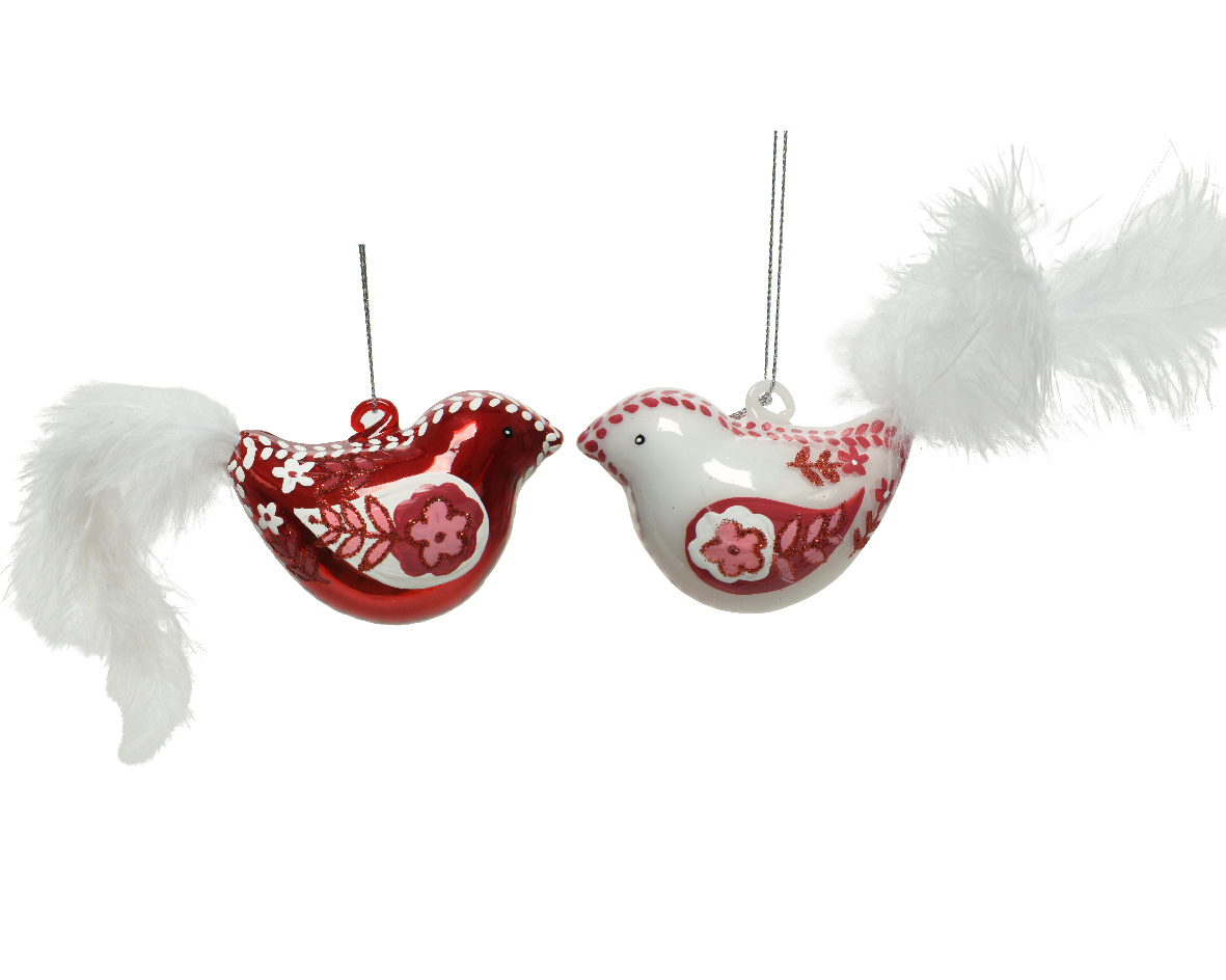 Ornament brad - Bird Glass Glitter - Winter White-Christmas Red, doua modele | Kaemingk