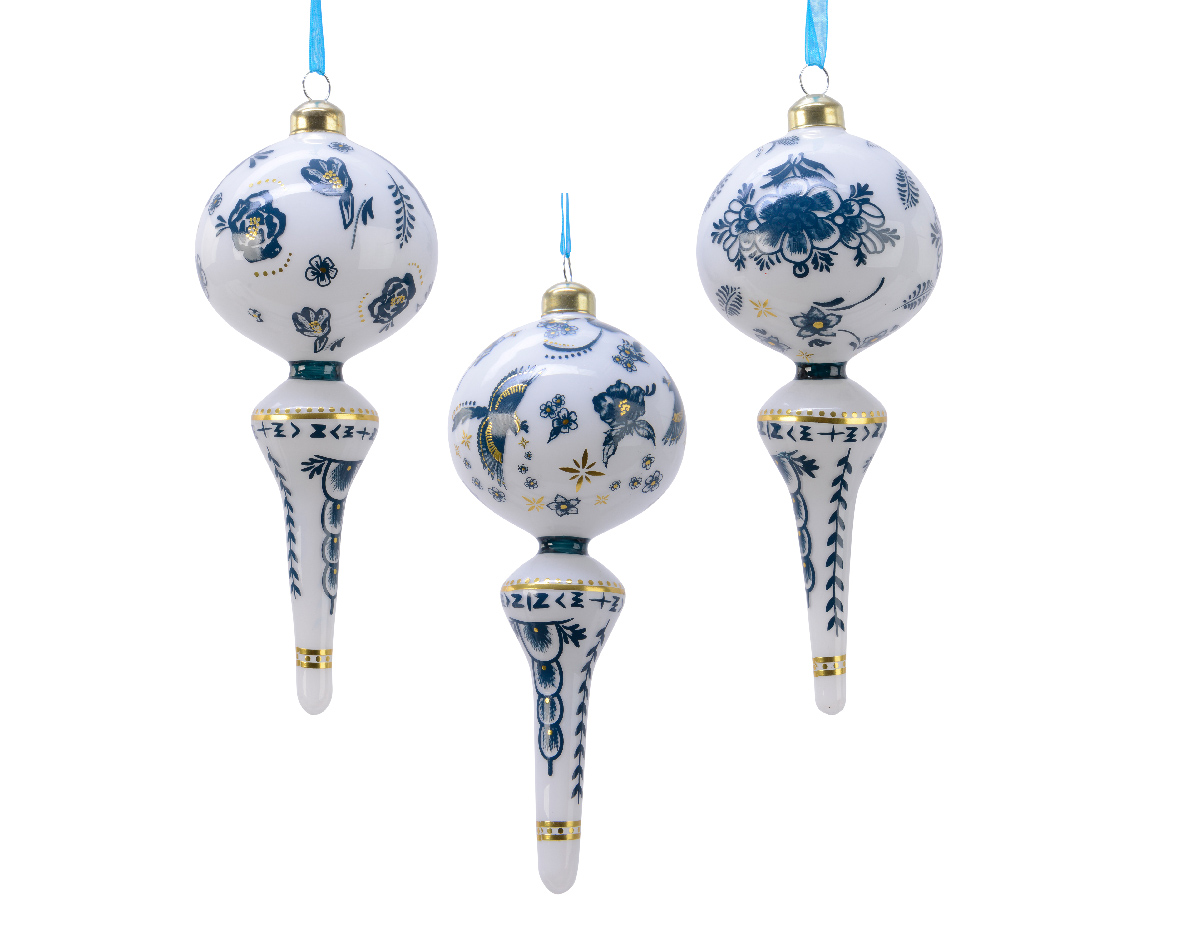 Ornament brad - Glass Silver Inside with Shiny Color Blue-White Dessin Decal, mai multe modele | Kaemingk