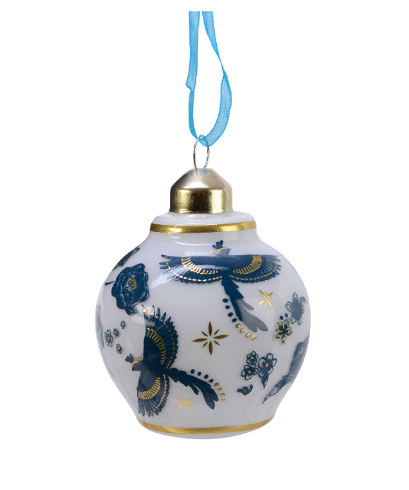 Ornament brad - Glass Silver Inside with Shiny Color Blue-White Dessin Decal | Kaemingk